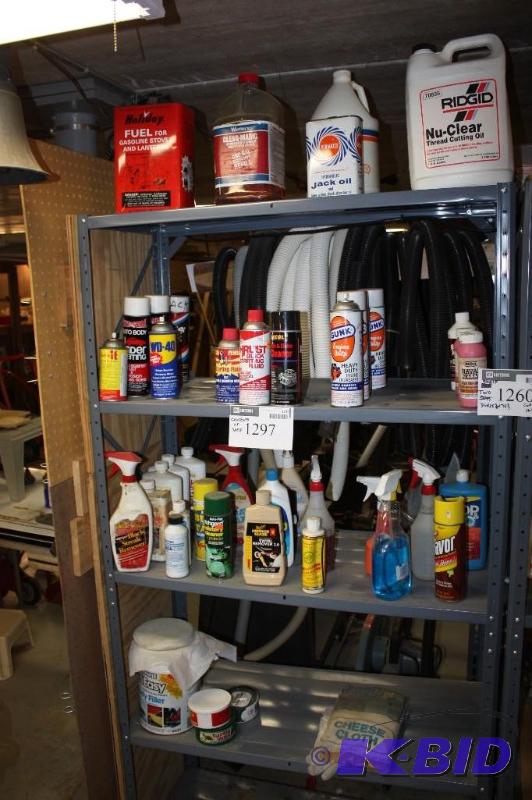 lot 1297 image: Shelf Lot Including Fuel for Gasoline Stoves and Lanterns Thread Cutting Oil and More.