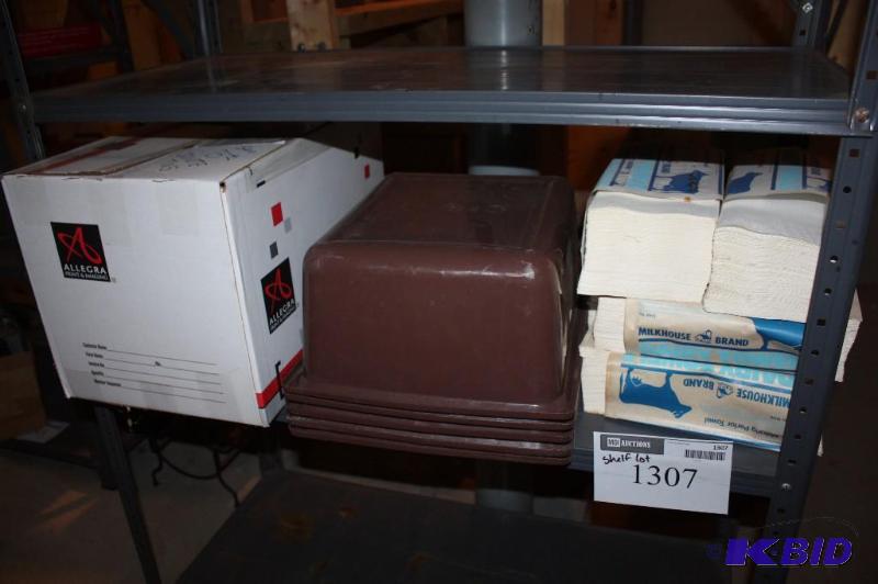 lot 1307 image: Shelf Lot Including Plastic Bins Paper Products And More.