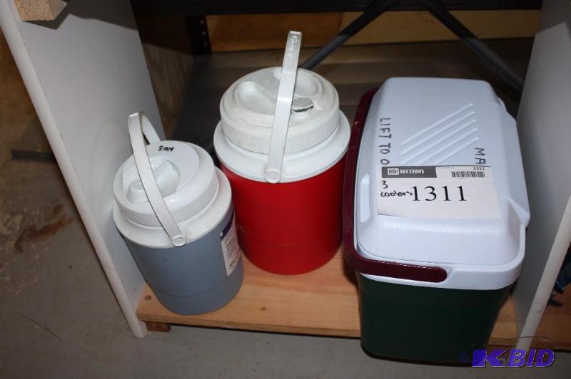 lot 1311 image: Lot of (3) Coolers including (1) Green Cooler (1) Red Cooler and (1) Gray Cooler.