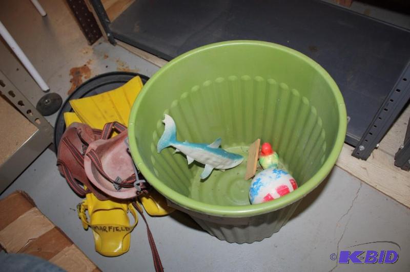 lot 1313 image: Container Lot Including Plastic Toys Diving Flippers Pot And More.