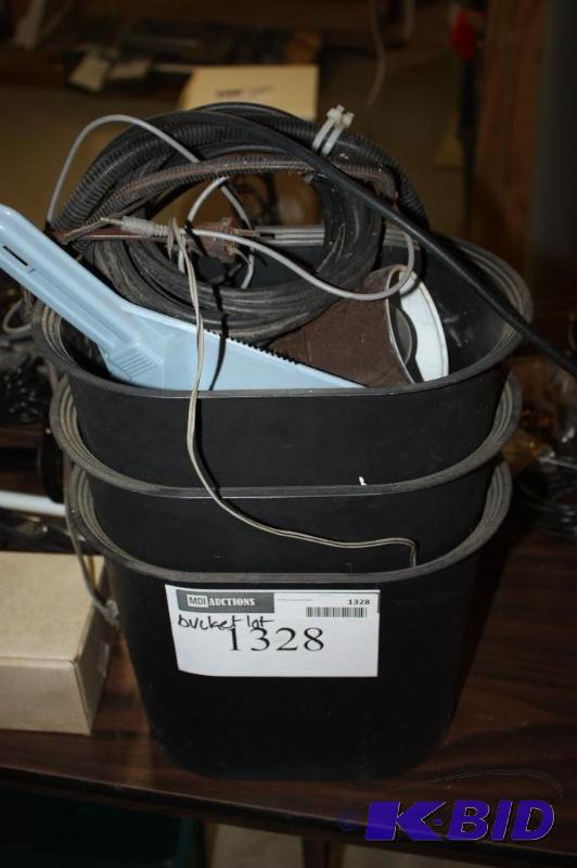 lot 1328 image: Bucket Lot Including a Blue Dust Pan a Brown Lamp and More.