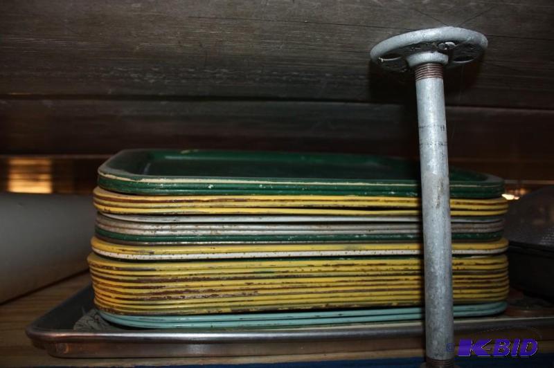 lot 1348 image: Rack Lot of (51) Including (25) Trays (2) Strainers (12) Plastic Plates and (12) Pans.