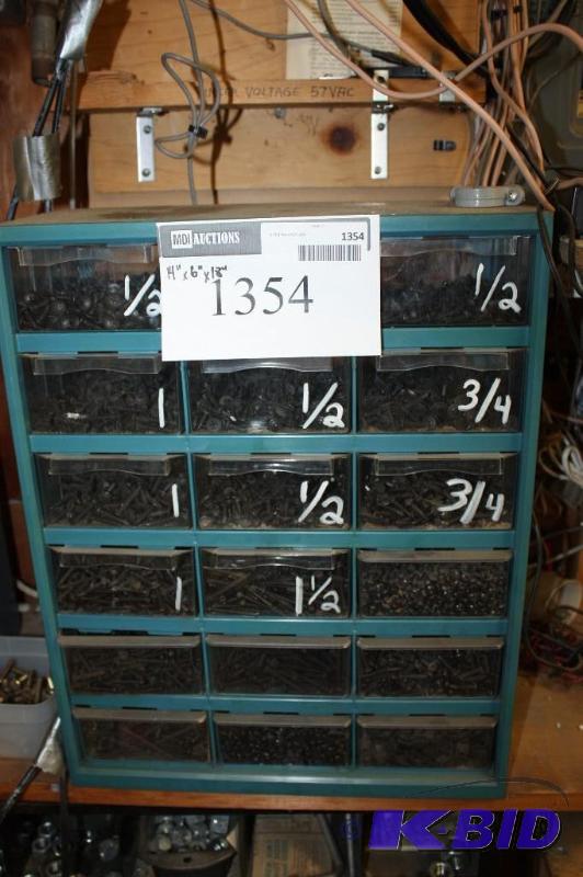 lot 1354 image: Storage Container wDivided Drawers Including Miscellaneous Short Screws Bolts And More.
