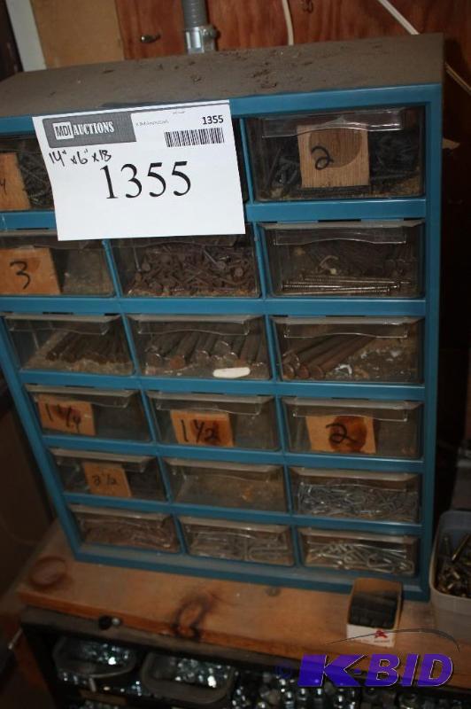 lot 1355 image: Storage Container wDivided Drawers Including Miscellaneous Short Screws Nails U-Nails And More