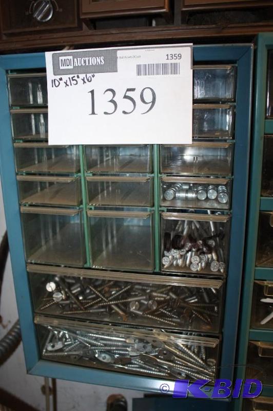 lot 1359 image: Storage Container wDivided Drawers Including Miscellaneous Short Screws Nails And More.