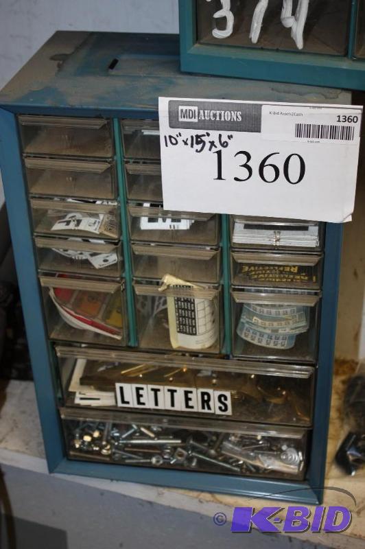 lot 1360 image: Storage Container wDivided Drawers Including Miscellaneous Short Screws Nails Letters And More.