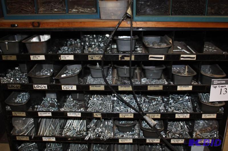 lot 1361 image: Shelf Lot wContainers Including Miscellaneous Screws Bolts And More Includes Top 4 Rows Only.