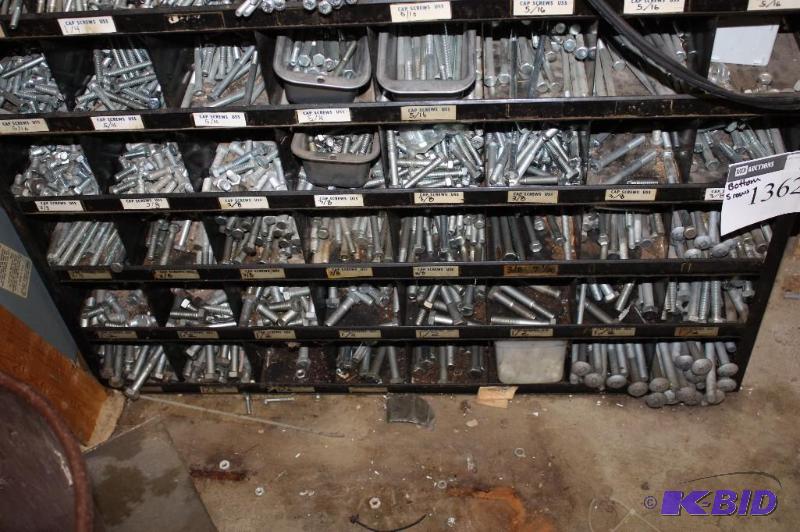 lot 1362 image: Shelf Lot wContainers Including Miscellaneous Screws Bolts And More Includes Bottom 5 Rows Only