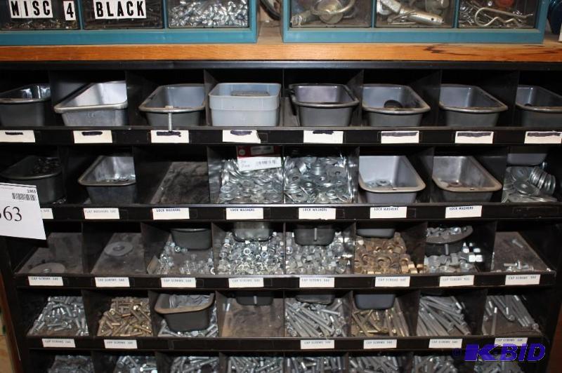 lot 1363 image: Shelf Lot wContainers Including Miscellaneous Screws Bolts And More Includes Top 4 Rows Only.