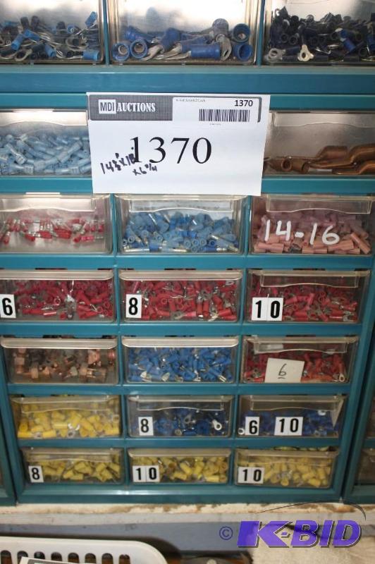 lot 1370 image: Storage Container wDivided Drawers Including Miscellaneous Electrical Eyelet Ends And More.