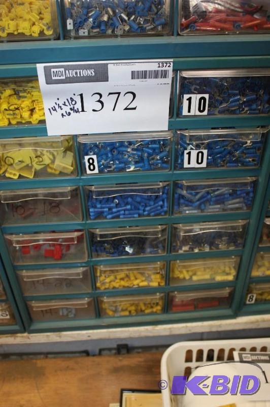 lot 1372 image: Storage Container wDivided Drawers Including Miscellaneous Electrical Eyelet Fork Ends And More.