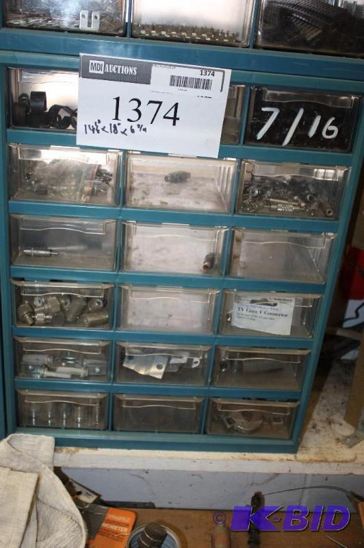 lot 1374 image: Storage Container wDivided Drawers Including Miscellaneous WireCable Holders Wrench Ends.