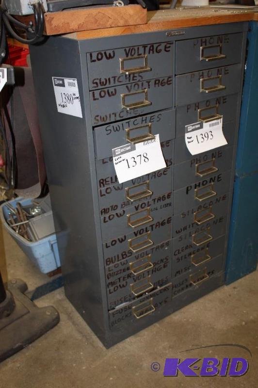 lot 1380 image: Steel Masters Storage unit wMultiple Drawers & Handles 20 Drawers 20 x 37 x 12 Contents Not