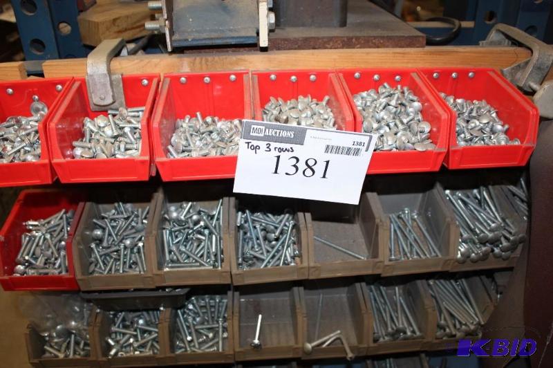 lot 1381 image: Shelf Lot Including Miscellaneous Short ScrewsBoltsNails And More Includes Top 3 Rows Only.