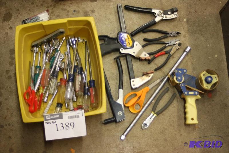 lot 1389 image: Box Lot Including Wire Cutters Scissors Screw Drivers And More.