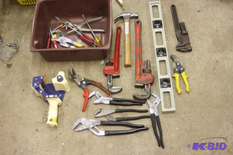lot 1392 image: Box Lot of Various Tools Including Hammer Wrenches Level Screwdrivers and More.