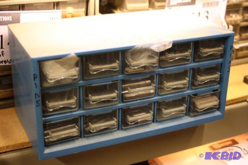 lot 1409 image: Storage Cabinet wDivided Drawers Includes Contents Miscellaneous Steel Pins 12 x 6x 6.