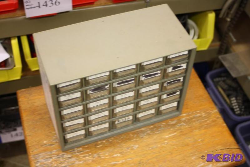 lot 1411 image: Storage Cabinet wDivided Drawers Includes Contents Miscellaneous Pins Washers More12 x 6x 6.