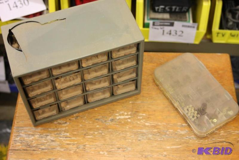 lot 1412 image: Lot of (2) Containers wMiscellaneous Hardware Includes Brass Bolts & Nuts Wooden Pegs And More.