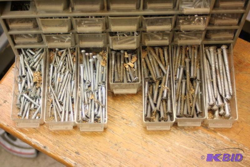 lot 1413 image: Container Lot of (3) Including Plastic Cases Storage Cabinet wDivided Drawers Screws Nuts Bolt