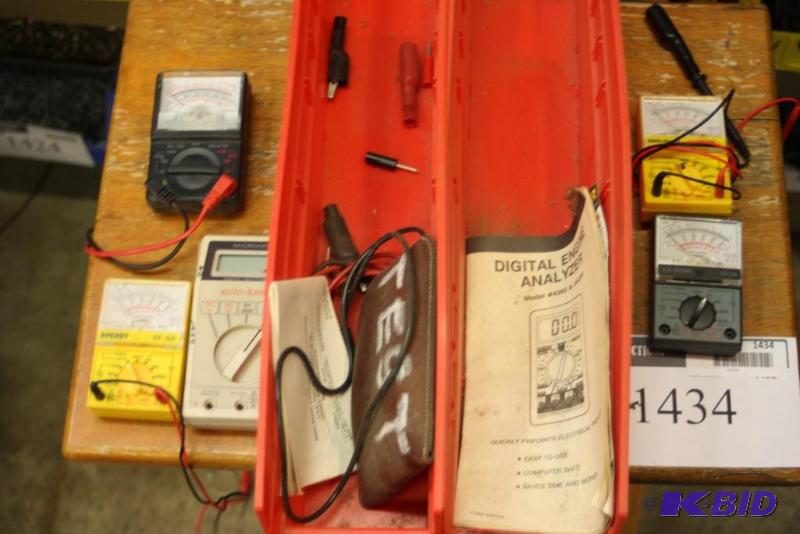 lot 1434 image: Container Lot of Miscellaneous Multi-Meters Cords Trays And More.