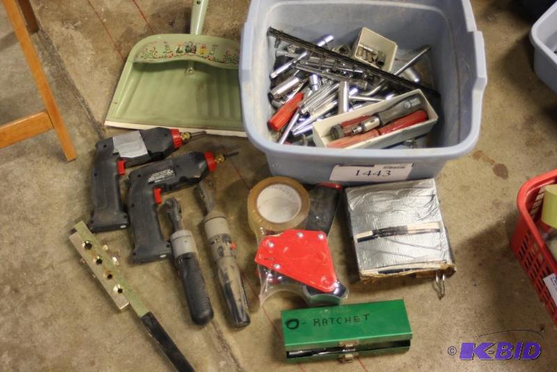 lot 1443 image: Container Lot Including Hand Power Tools Ratchet Set Tape Roller Dust Pan And More.