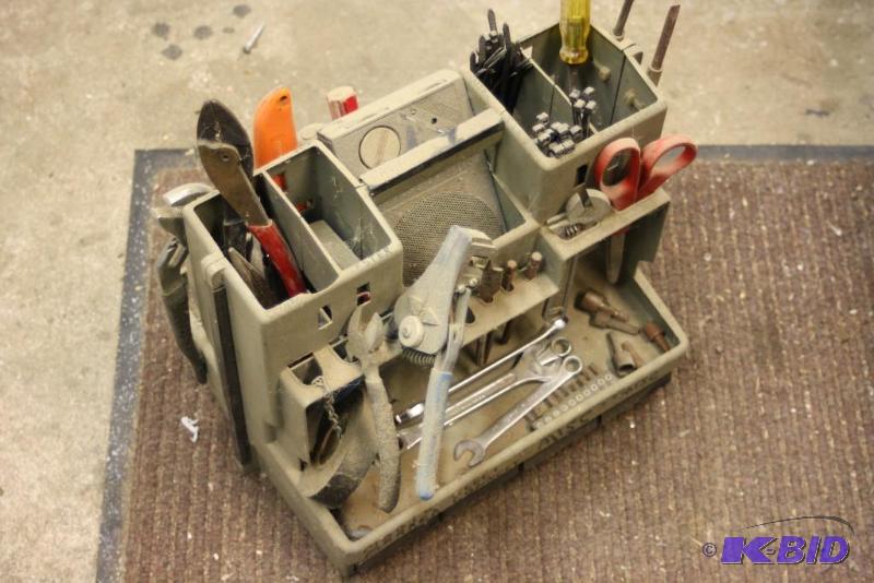 lot 1446 image: Custom Tool Case wMiscellaneous Tools & Hardware Including Screws Wrench Scissors And More.