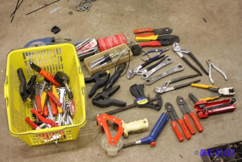 lot 1448 image: Box Lot Including Wire Cutters Adjustable Wrenches Clamps And More.