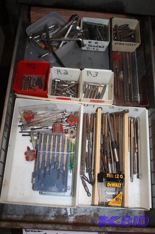 lot 1452 image: Drawer Lot Including Miscellaneous Drill Bits Mini Screw Drivers And More.