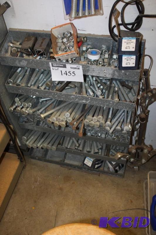 lot 1455 image: Storage Shelf wMiscellaneous Bolts Washers Hardware And More.