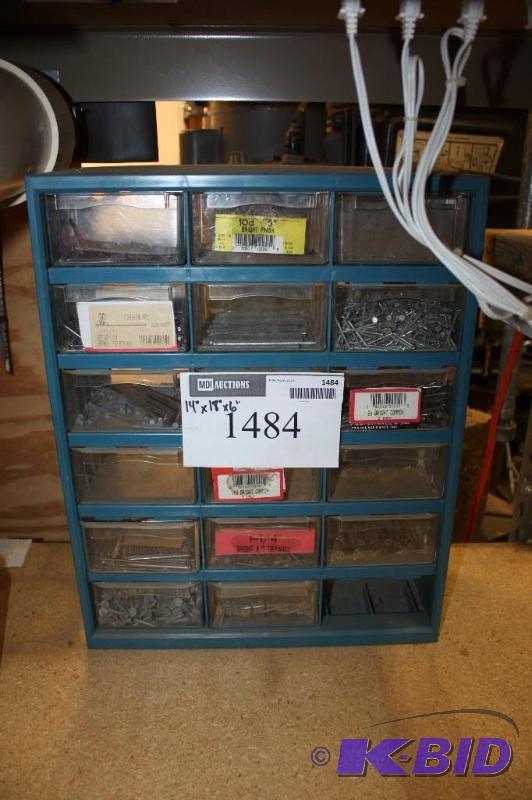 lot 1484 image: Container Lot wDivided Drawers Including Metal Nails Miscellaneous Sizes 14 x 18 x 6.