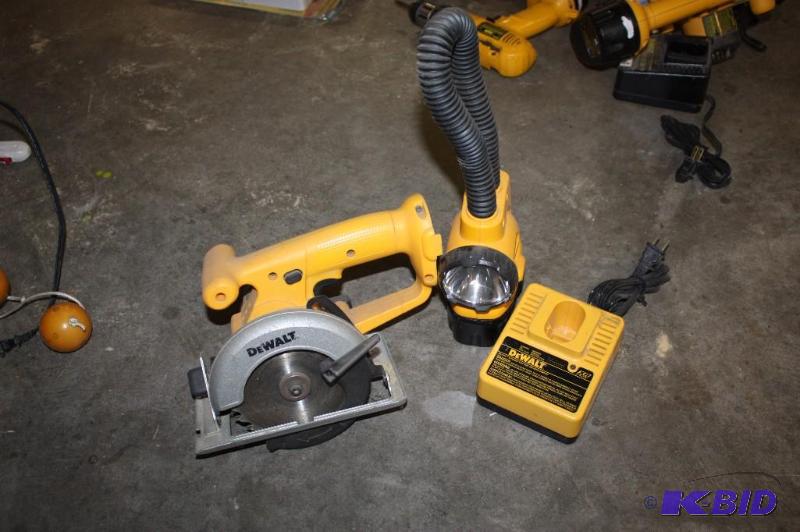 lot 1491 image: Lot of (3) Including (1) DeWalt Flashlight (1) DeWalt Circular Saw (1) DeWalt Brand Charger.