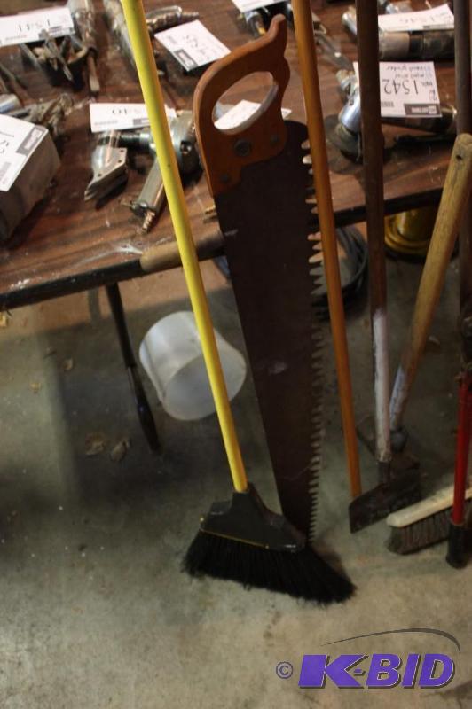 lot 1530 image: Corner Lot Including Broom Metal Saw Bolt-Cutters Axe Sledgehammer And More.