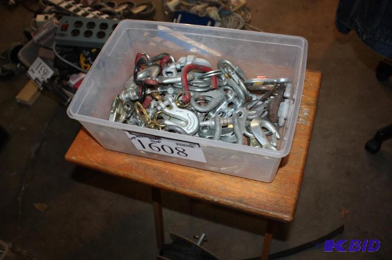 lot 1608 image: Box Lot of Various Sizes of Metal Hooks and Clamps.