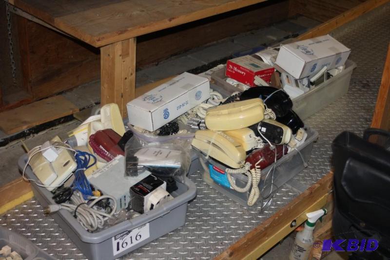 lot 1616 image: Box Lot of Various Phones Phone Cords and More.