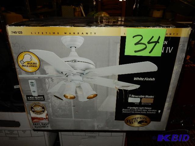 lot 34 image: Hampton Bay 52in ceiling fan and light fixture. NEW in box
