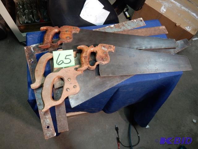 lot 65 image: 4 Vintage Hand Saws, 2 Squares