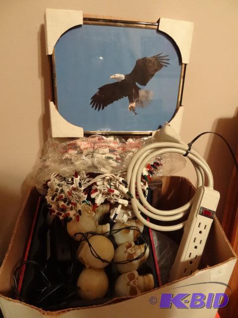 Box of misc seasonal lights. Eagle picture. O...