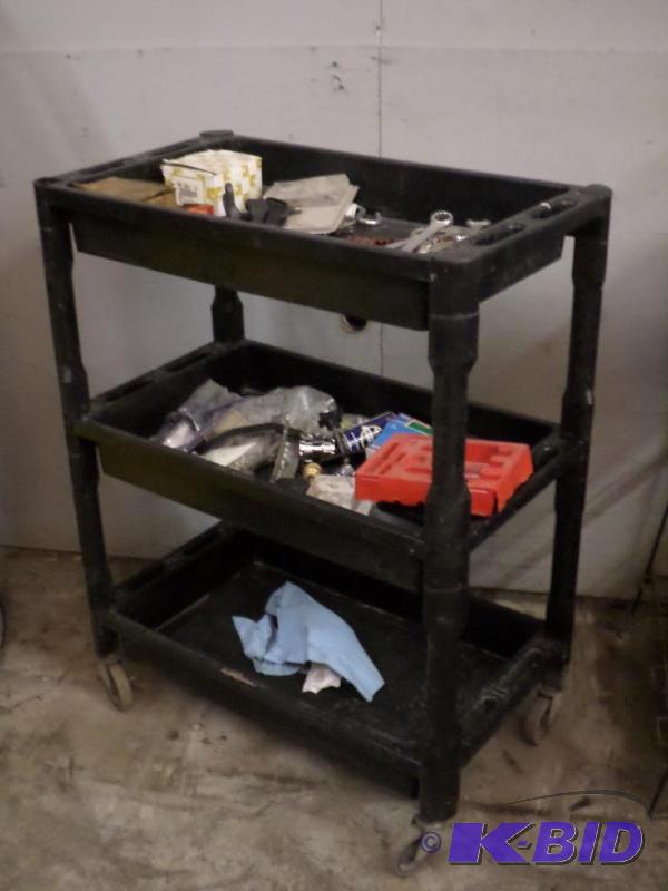 lot 110 image: 3-Level Rolling Shop Cart (Contents On Cart A...