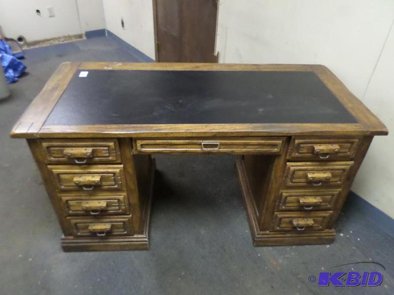 lot 156 image: 7-Drawer Vintage Wooden Desk With Leather In-...