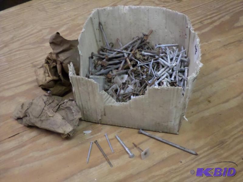 lot 48 image: Box Of Misc Spikes-Nails-Screws-Lab Bolts-Etc...