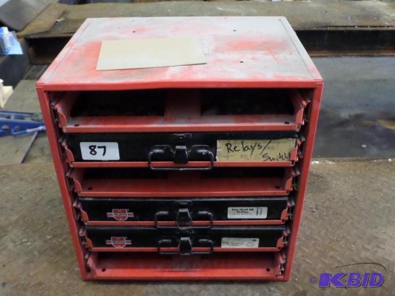 lot 87 image: 3-Drawer Parts Bin Full Of Misc Electrical Su...