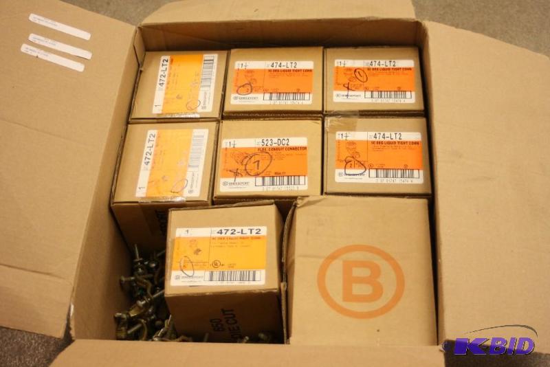 Box Lot Including 90 Degree Liquid Tight Connector Flex Conduit Connectors And More.