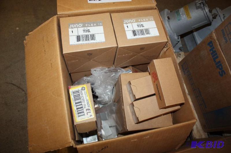Box Lot of Lightbulbs & Light Fixtures Including Brands General Electric Sylvania Juno And More.