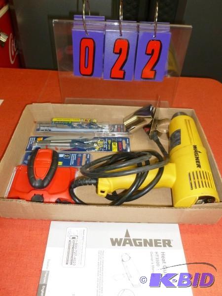 lot 22 image: Flat of heat gun and drill bits. As shown. Te...
