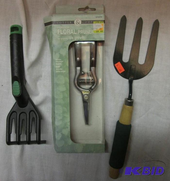 lot 111 image: hand rakes and a floral pruner...