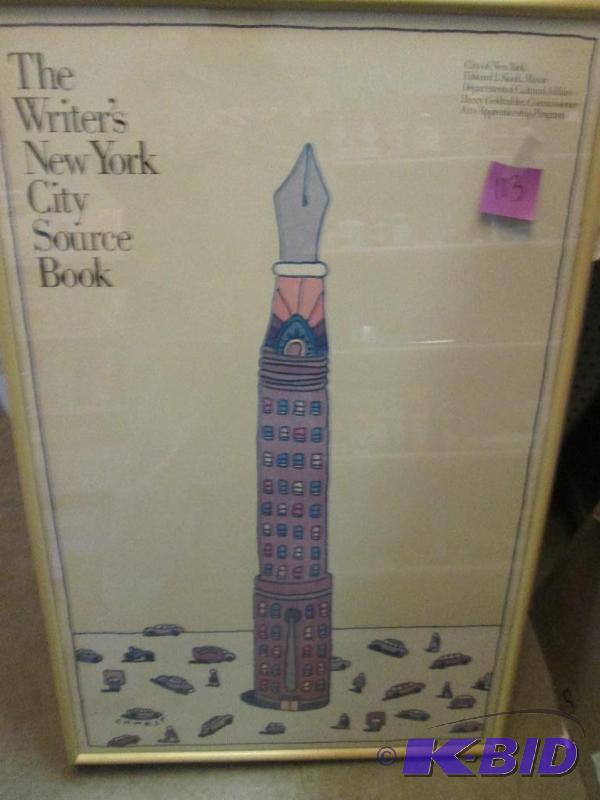 lot 113 image: framed new york themed art 26 x 41...