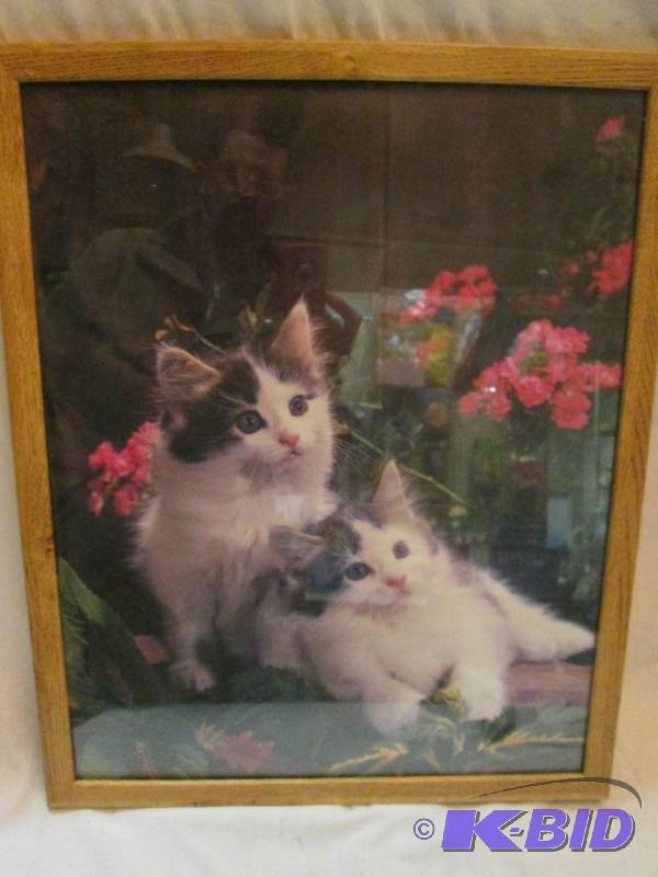 lot 134 image: framed picture of kittens in flower garden...