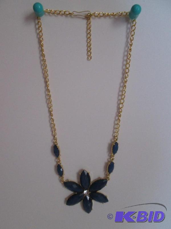 lot 335 image: Navy Blue flower necklace on gold color chain...