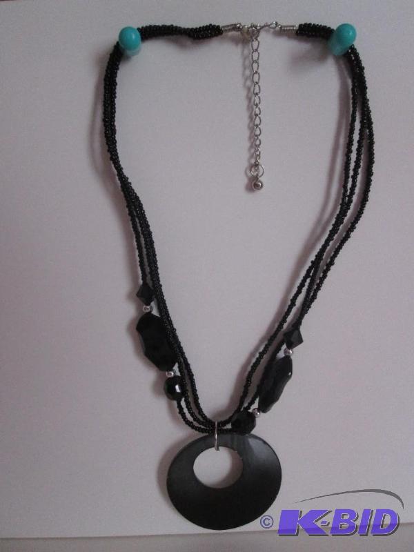 lot 351 image: Black beaded necklace with black painted shel...